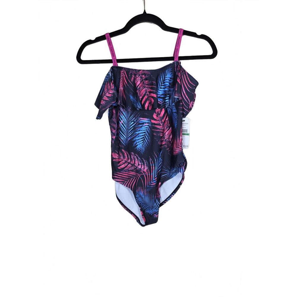 Calvin Klein Girls' One-Piece Swimsuit  Dark Tropical Palm, 12-14
